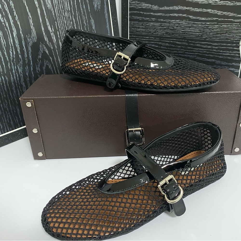 Alaïa Black Mesh Mary Jane Flats with Patent Trim